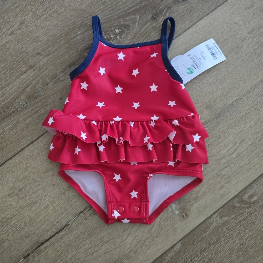 NWT Carters Baby Girl American Star Red White and Blue Ruffle Swim with snap